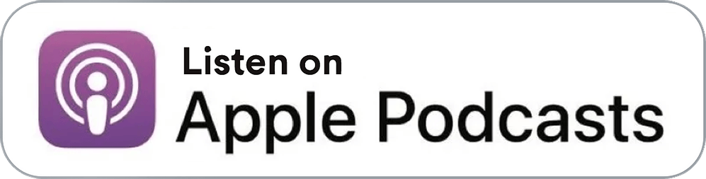A rectangular logo with a purple background and a white podcast icon on the left. Text reads "Listen on Apple Podcasts" in black on a white background. The image has a thin gray border.